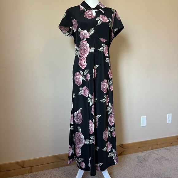 BYER TOO! Vintage 90s Black Floral Print Maxi Dress Empire Waist Key Hole Collar - Picture 2 of 11